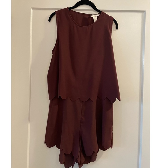 H&M Pants - H&M | Maroon Chiffon Scalloped Romper
